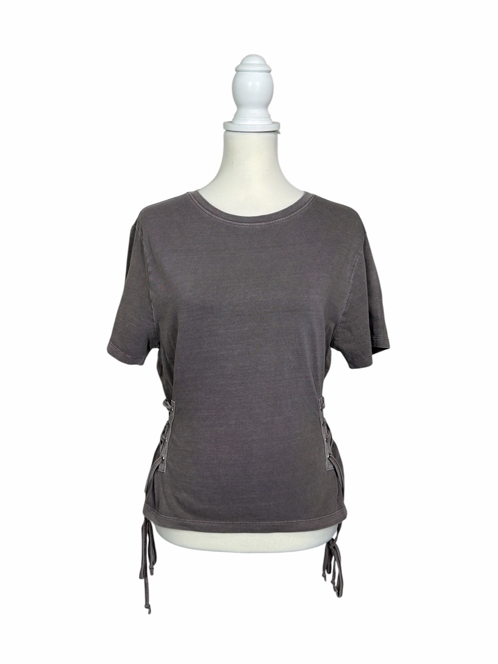Gilded Intent Lace Up Side Tee Gray Cotton Short Sleeve Top Boho Casual Medium